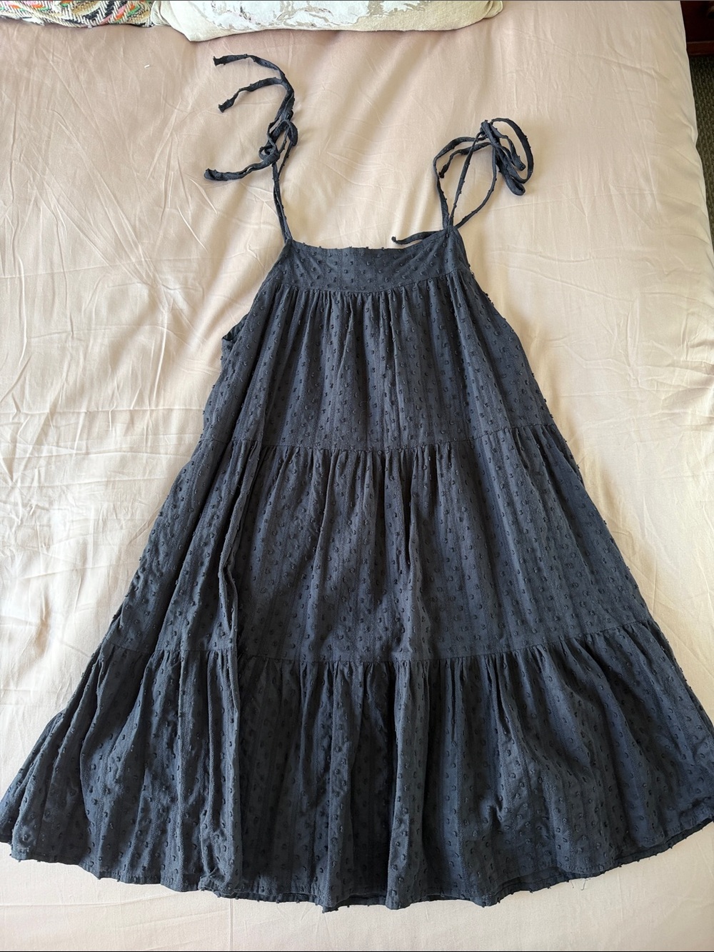 Women’s Black Swiss Dot Tiered Babydoll Sundress with Tie Straps